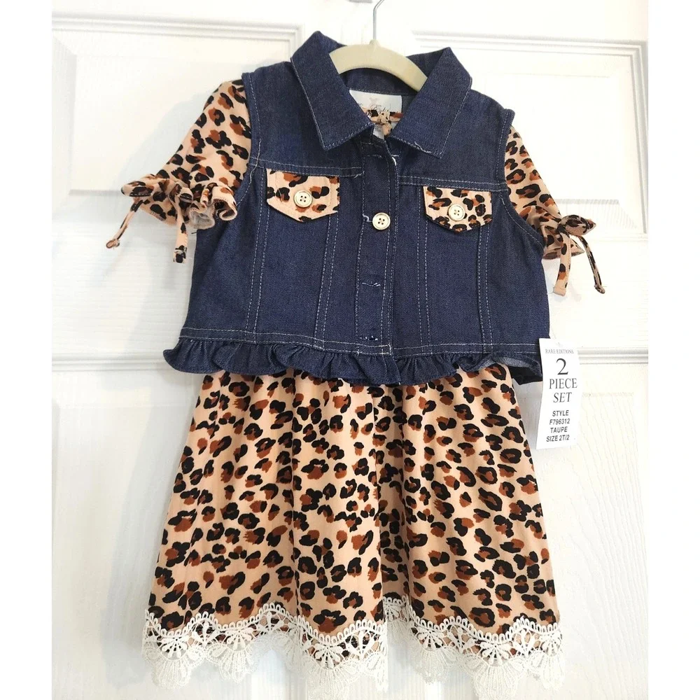 Rare Editions GIRLS ANIMAL PRINT DRESS WITH DENIM VEST Sz 2T New with Tags